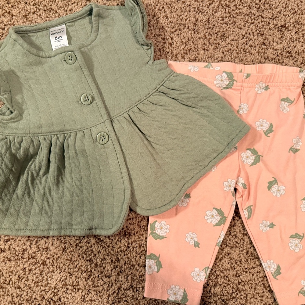 Green Button-Up Baby Vest and Peach Floral Leggings